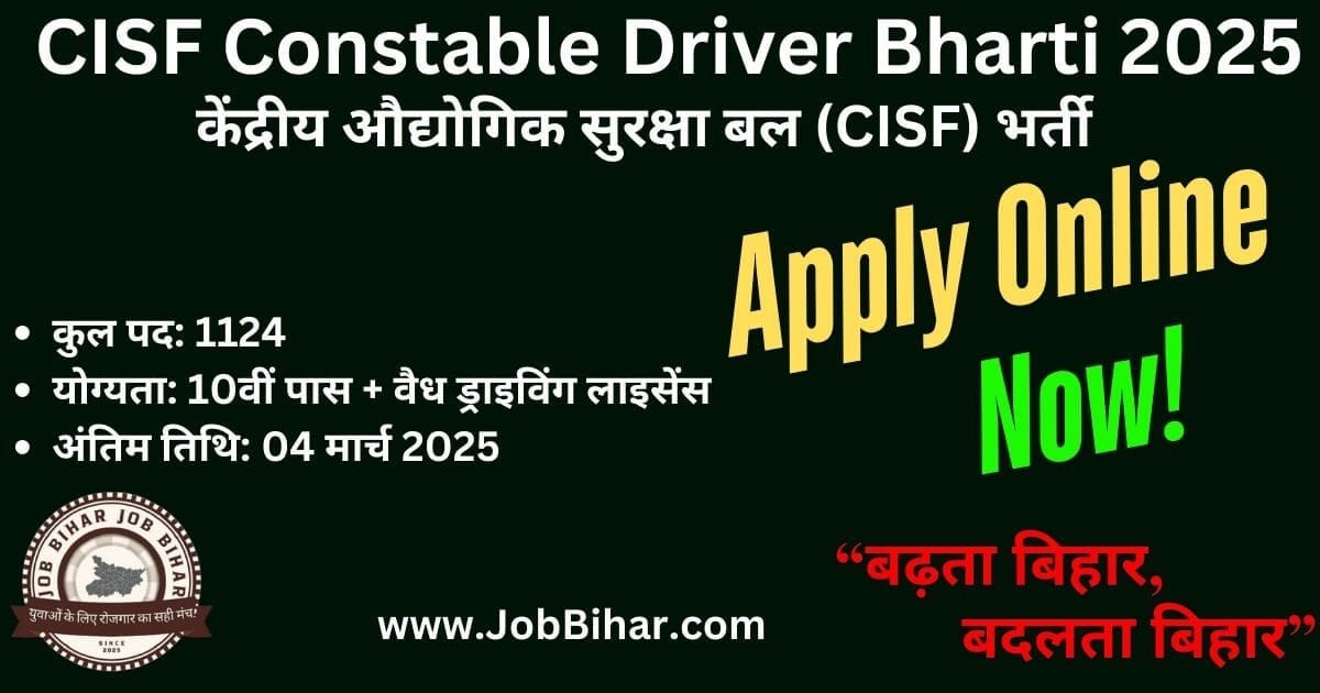 CISF Constable Driver Bharti 2025 भर्ती पोस्टर – कुल पद 1124, 10वीं पास योग्यता, अंतिम तिथि 04 मार्च 2025