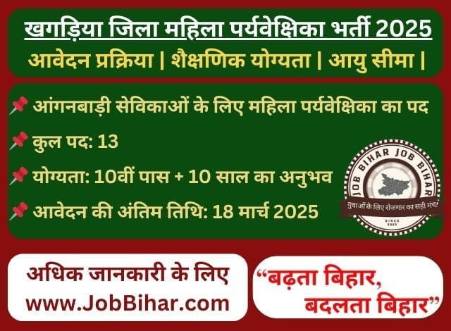 खगड़िया जिला महिला पर्यवेक्षिका भर्ती 2025 - खगड़िया जिला के आंगनबाड़ी सेविकाओं के लिए नौकरी का अवसर