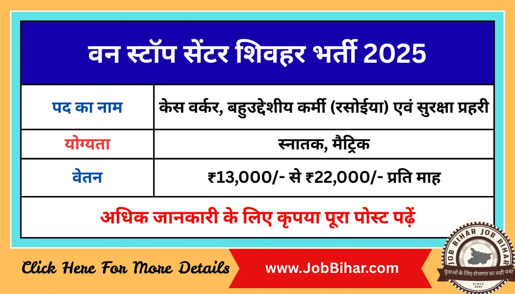 वन स्टॉप सेंटर शिवहर भर्ती 2025 Notification : One Stop Center Sheohar Recruitment 2025 Vacancy Details