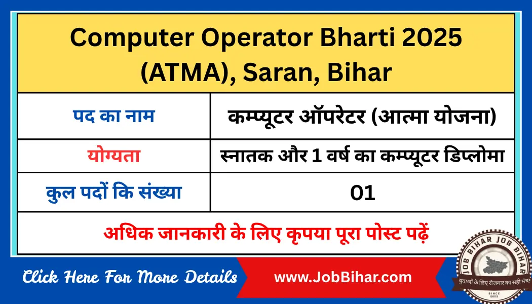 ATMA Saran Computer Operator Bharti 2025 : आत्मा सारण, छपरा में कंप्यूटर ऑपरेटर पद पर संविदा आधारित भर्ती – 2025