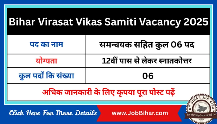 Bihar Virasat Vikas Samiti Bharti 2025 : अगर आप पुरातत्व, इतिहास, ड्राफ्टिंग या सर्वे से जुड़े क्षेत्र में करियर बनाना चाहते हैं, तो बिहार विरासत विकास समिति की हालिया भर्ती आपके लिए शानदार मौका है।