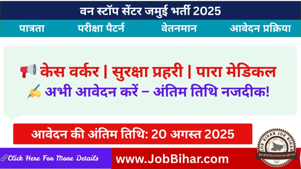 One Stop Center Jamui Bharti 2025 – महिला केस वर्कर और सुरक्षा प्रहरी भर्ती की जानकारी